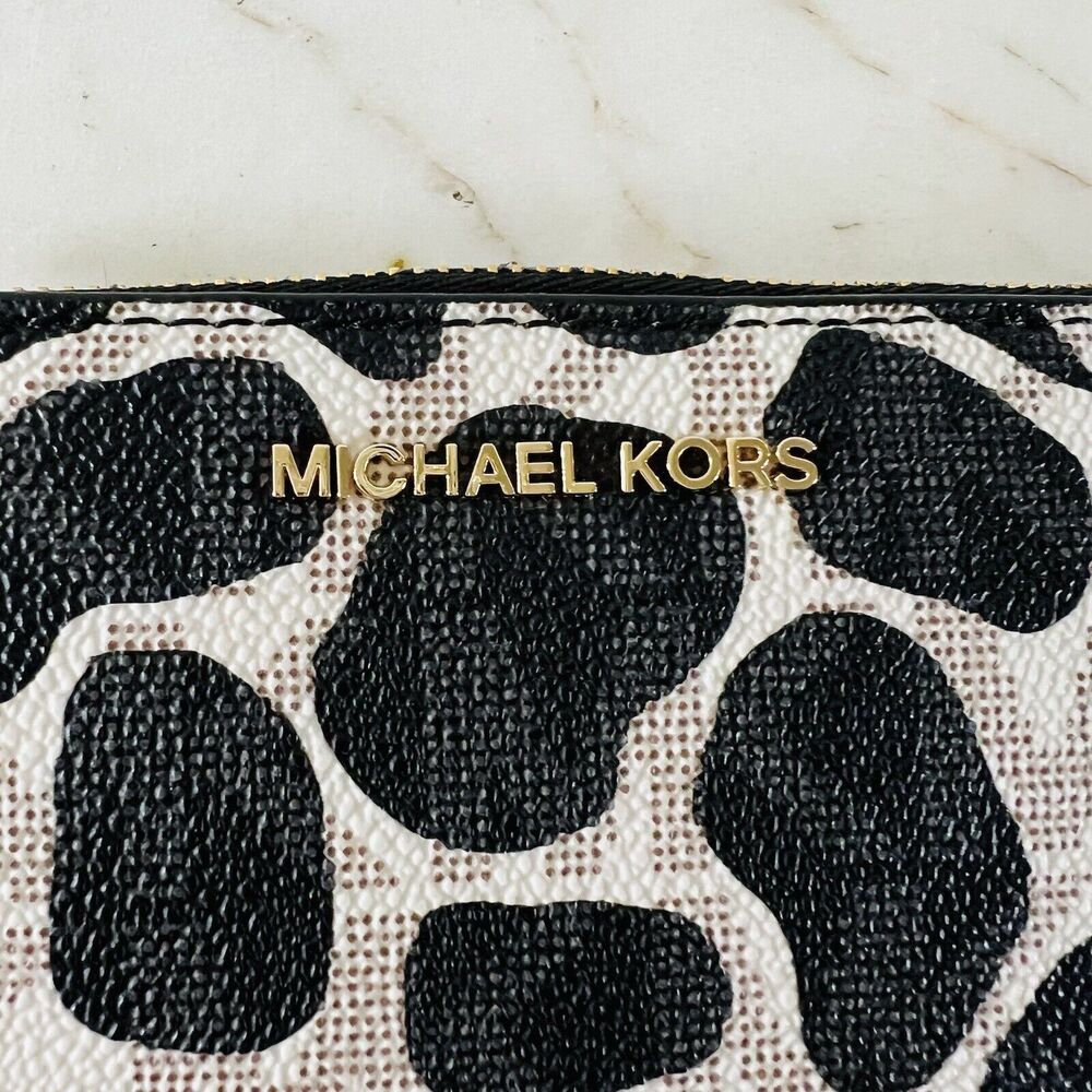 MICHAEL KORS Jet Set Black Multi Leather Logo Print Double Zip Wallet Wristlet - Picture 2 of 9